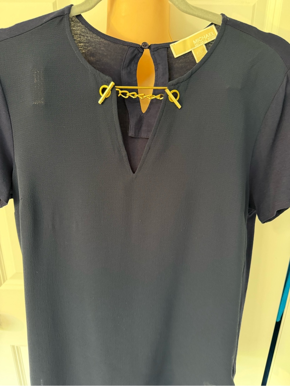 Michael Kors Navy Short Sleeve Top with Gold Chain Accent